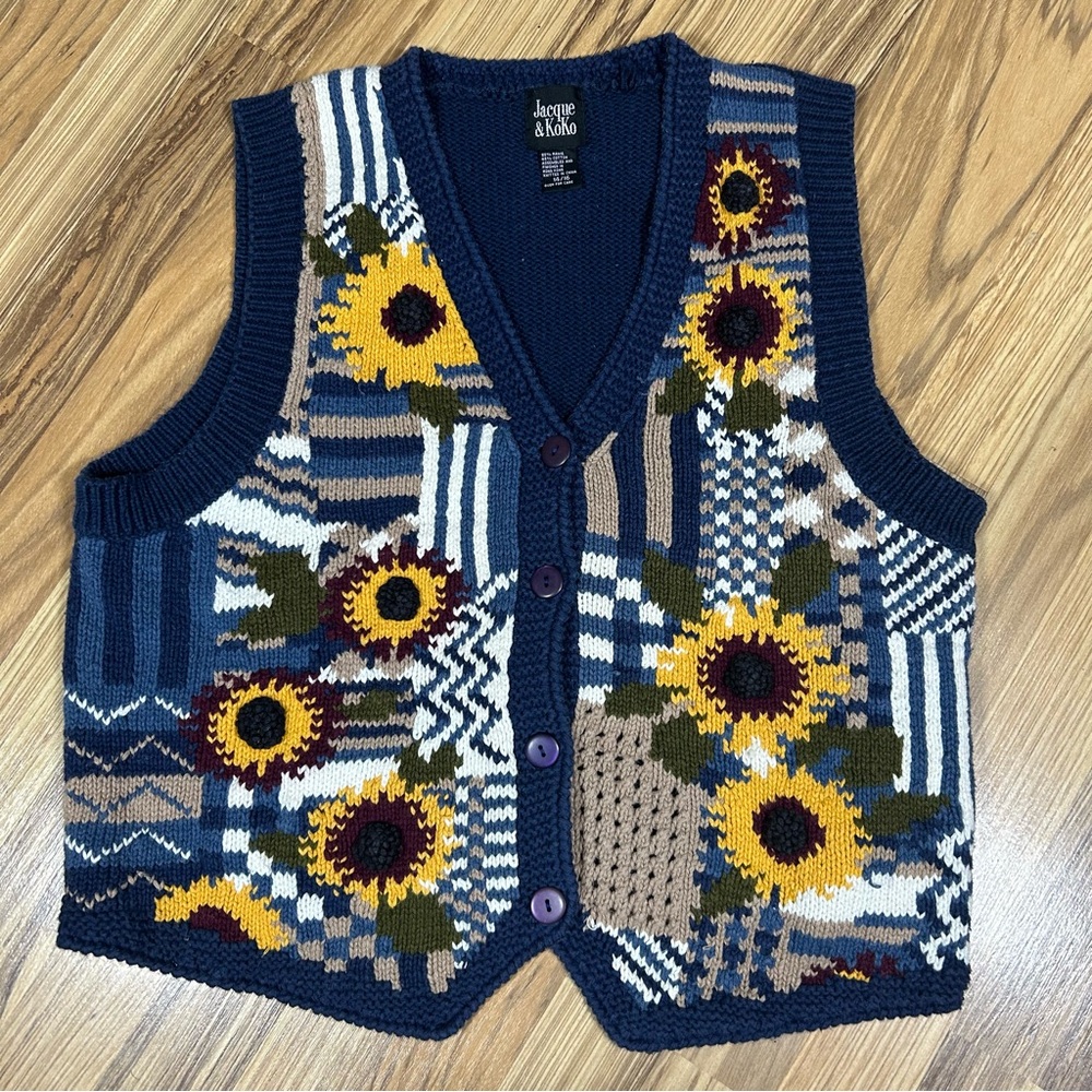 Jacque & Koko Embroidered Bead Sunflower Knit Vest Unisex Size 14/16 Vintage